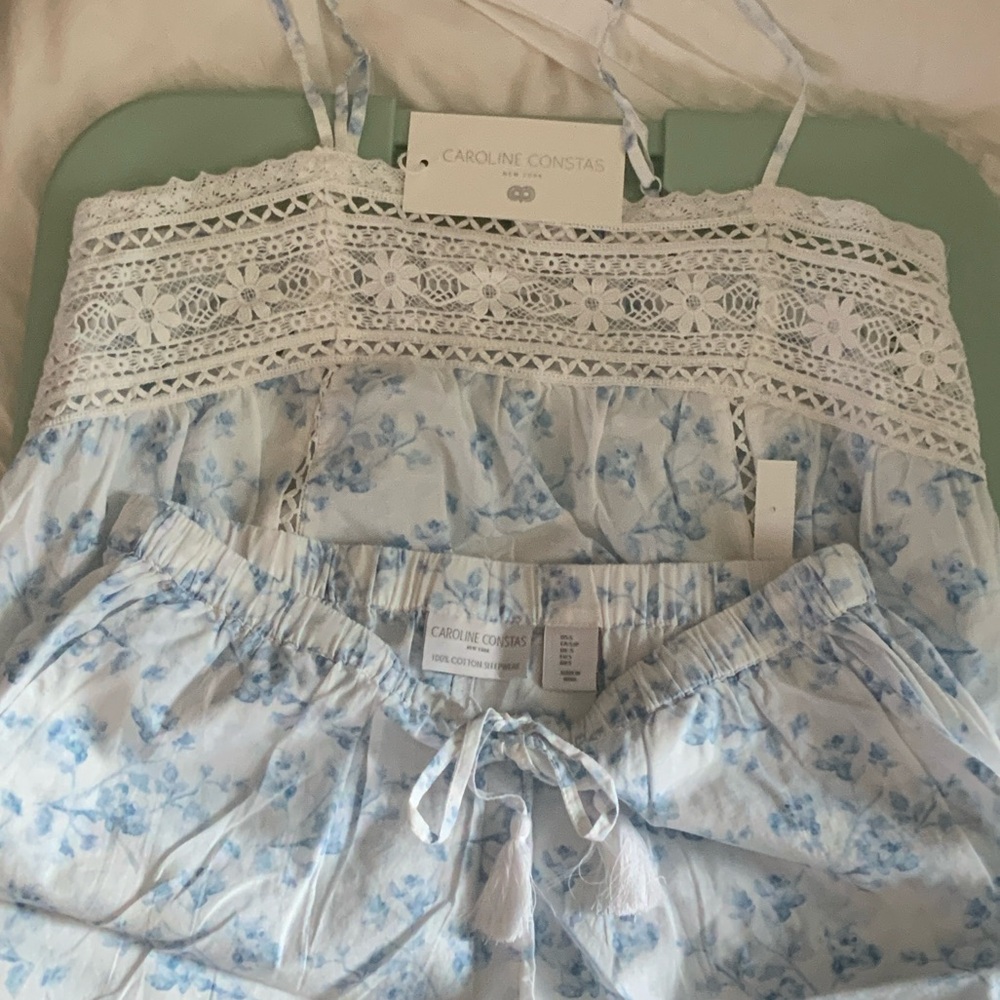 Caroline Constas Light Blue Floral Lace Sleep set